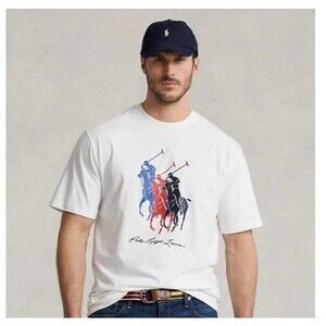 Polo Ralph Lauren Triple Pony T Shirt White Graphic Tee Classic Fit Mens Size M